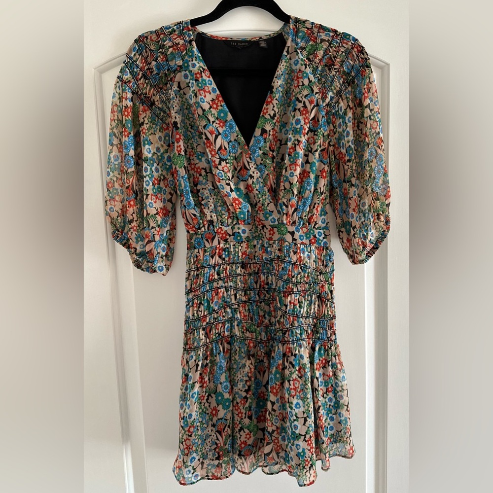 Ted Baker London Tiania Smocked Chiffon Wrap Puff Sleeve Mini Floral Dress